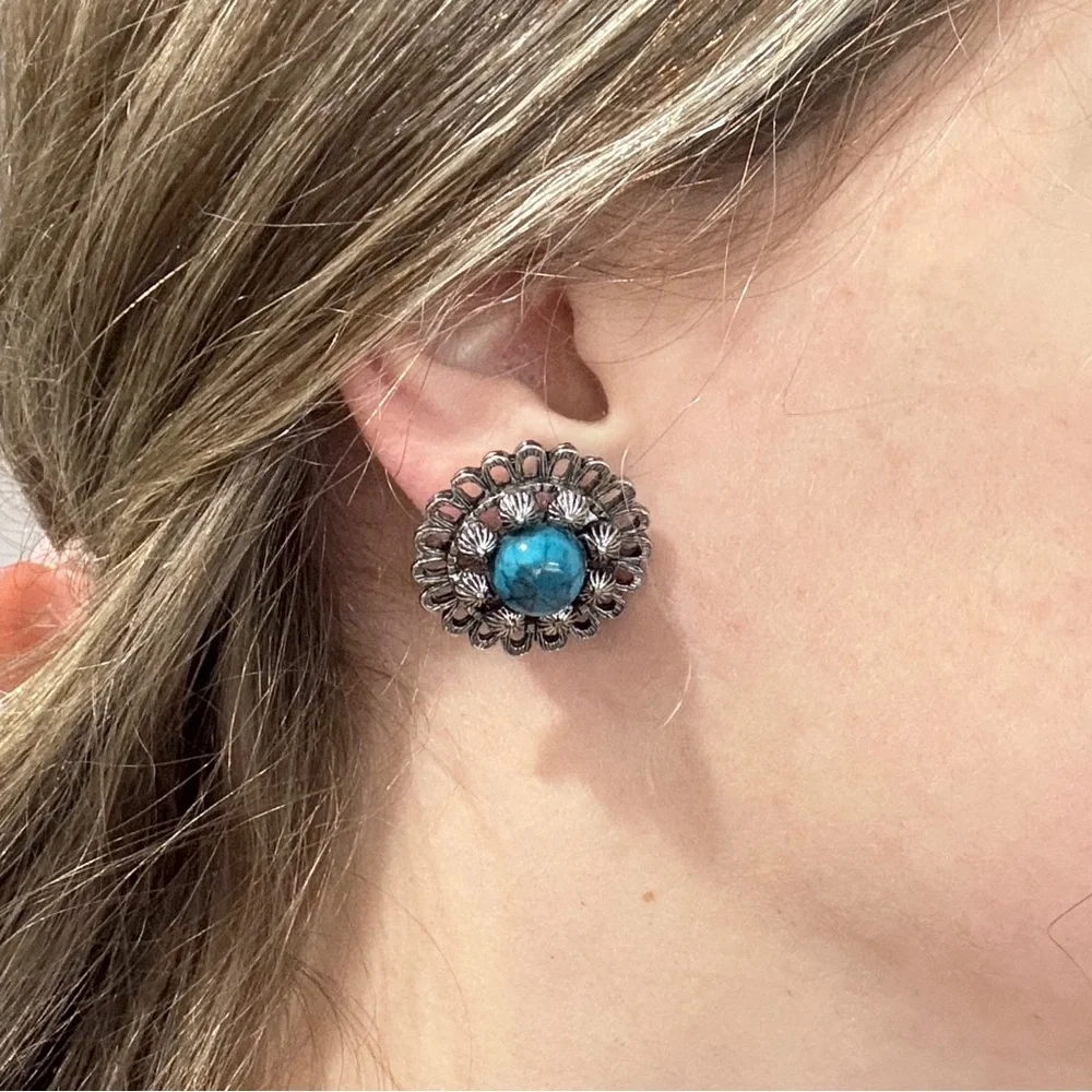 Vintage 70s Dark Faux Turquoise Medallion Antique Silver Tone Clip On Earrings